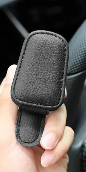Magnetic Leather Car Sunglasses Holder – Sunshade Clip & Ticket Clip | Car Interior Accessory for Sunglasses and Cards